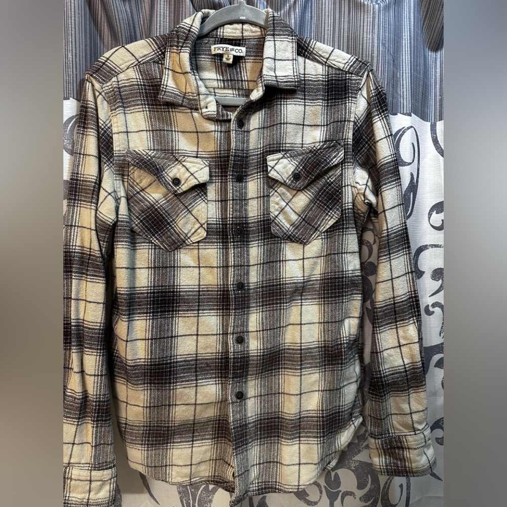 Frye and Co. Black Cream Lightweight Boyfriend Flannel Swiftie Shirt Jacket Sz S